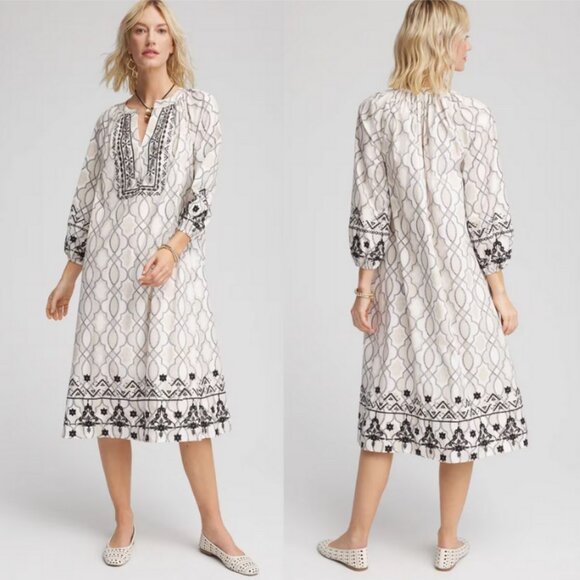 CHICO'S Poplin Embellished A-Line Midi Dress Boho Geo Print Tan Black Size 0/S - Picture 1 of 9